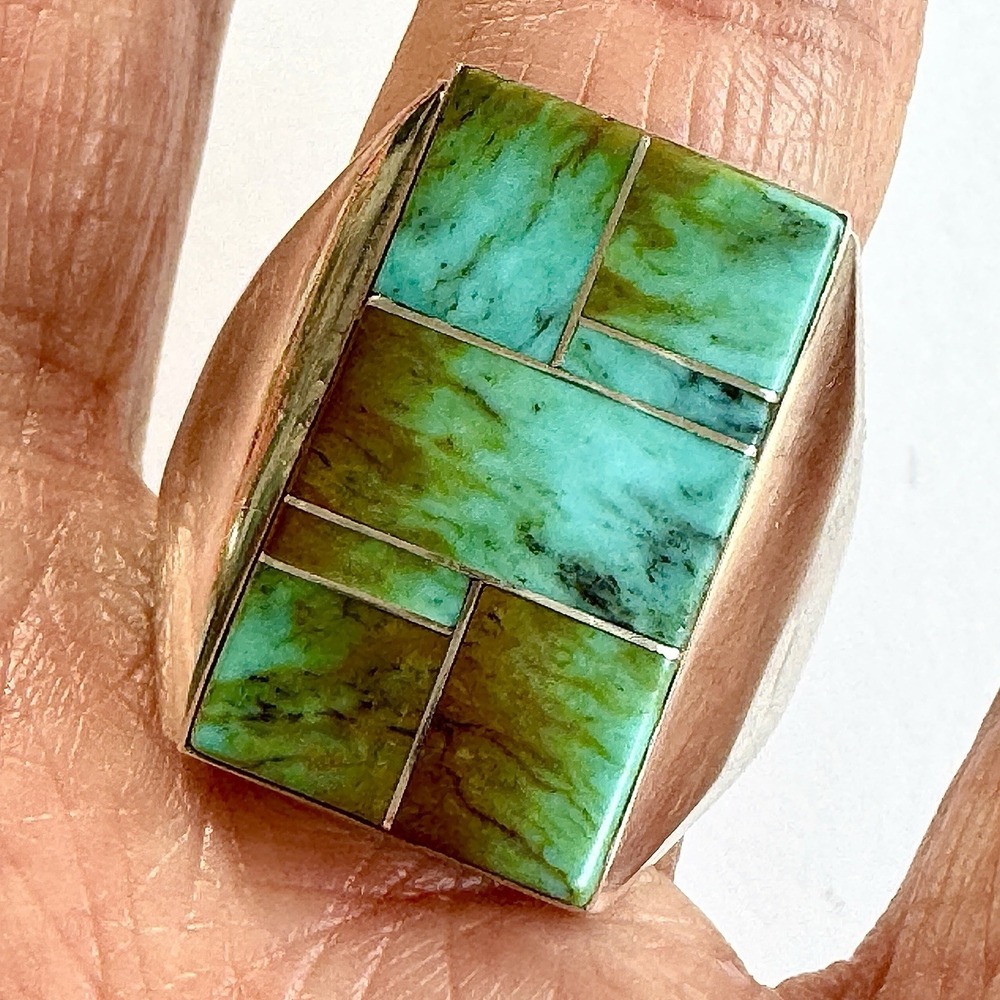 Navajo Turquoise Mens Ring Sz 13 Signed WG Sterling Inlay Rect Native American